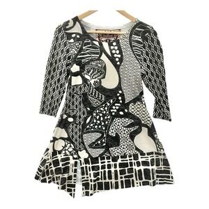 Amma Design Top Tunic Black Ivory 3/4 Sleeve Scoop Neck Abstract USA Made Artsy